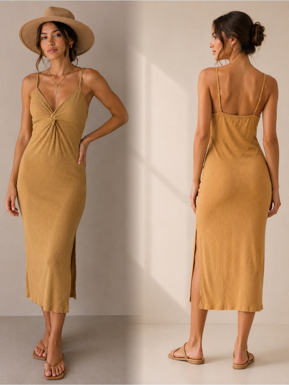 Twist front ribbed cami strap midi dress